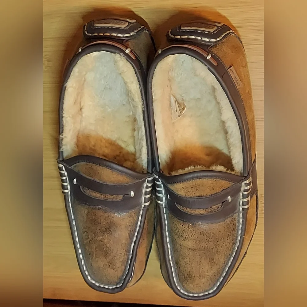 OVERLAND MEN'S DYED & TIPPED SHEEPSKIN LEATHER & FUR LINED PENNY LOAFERS SIZE 10 - Picture 6 of 16
